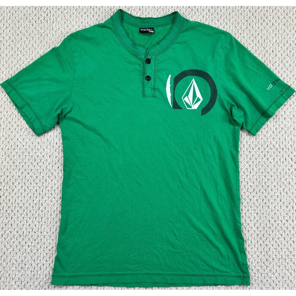 Vintage Volcom Shirt Mens L Green Slim Fit SS Henley Distressed Y2K Grunge Skate